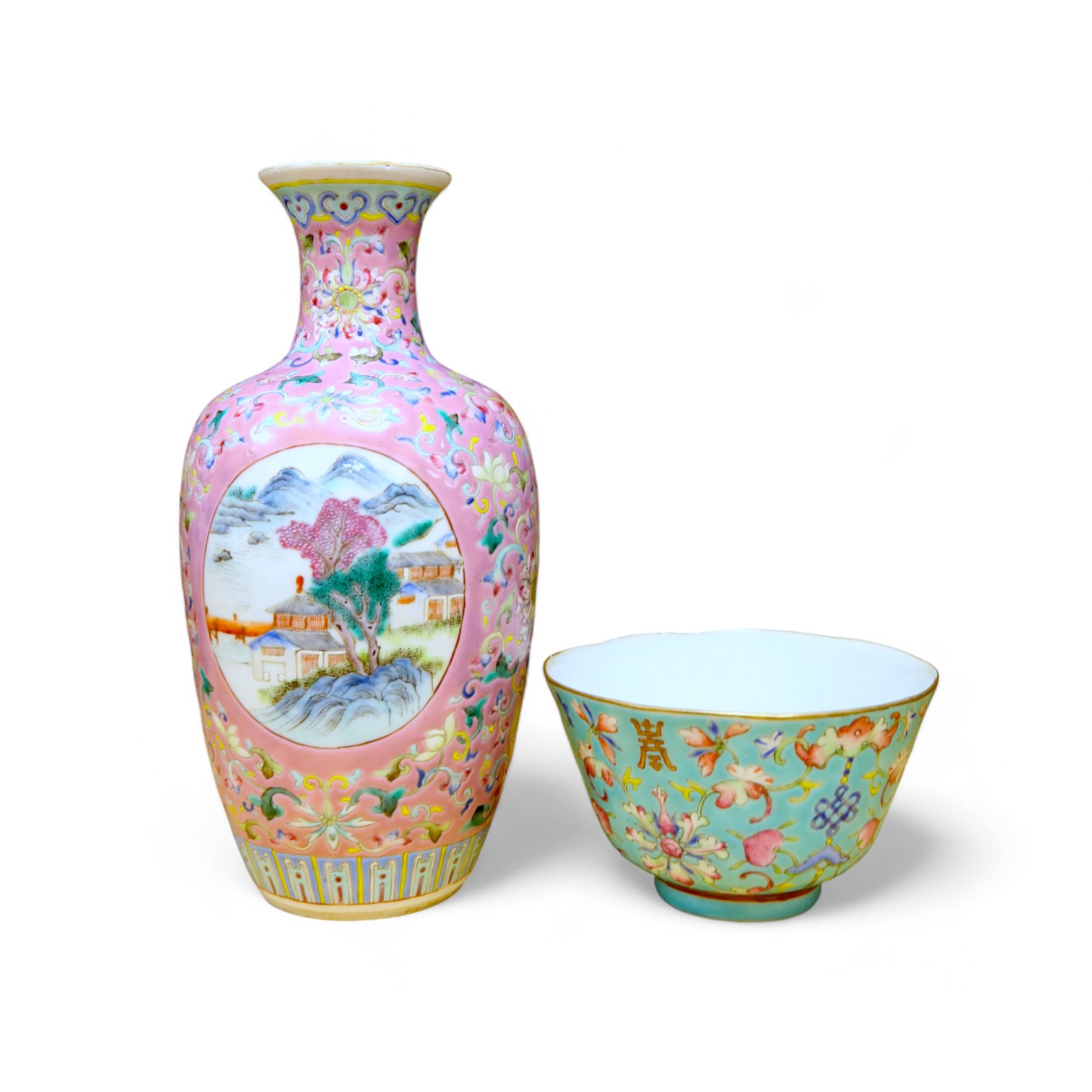 A Chinese pink ground medallion vase, Guangxu period and a Chinese turquoise ground bowl, Tongzhi mark and period, taller 20cm. Condition - vase good, bowl fair